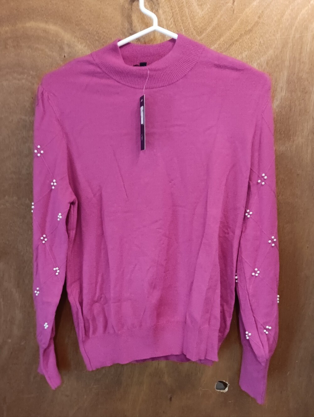 Adrienne Vittadini Hot Pink Ribbed-Knit Sweater With Pearls On Skeeves